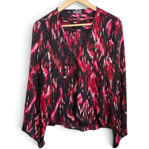 Vince Camuto Tops - Vince Camuto Blouse M Pink Black Ikat Draped V Neck Long Sleeve Wrap Front Top